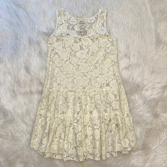 Free People FP ONE Emily Sheer Floral Ruffle Lace Slip Tunic Dress in Ivory - Picture 2 of 7